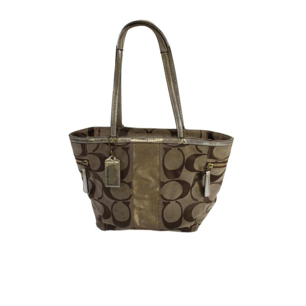 Coach Womens Khaki Signature Stripe Tote Shoulder Handbag Brown Gold